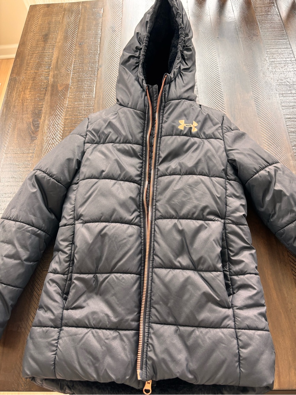 Under Armour Kids Black Puffer Jacket with Gold Logo Accent